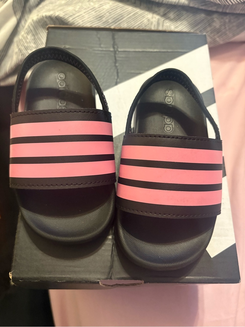adidas Kids Black Slides with Pink Striped Strap